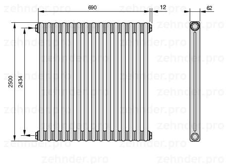 Схема (чертеж) Радиатор Zehnder Charleston 2250/15 №1270 Белый глянцевый RAL 9016